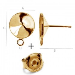 0.4um 24K Gold Ear post w/ setting & loop for 12mm SWAROVSKI 1122 Rivoli, Sterling Silver AG-925 (x2)