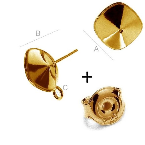 24K Gold Ear post w/ setting & loop for 4470 SWAROVSKI 10mm Cushions, Sterling Silver AG-925 (x2)